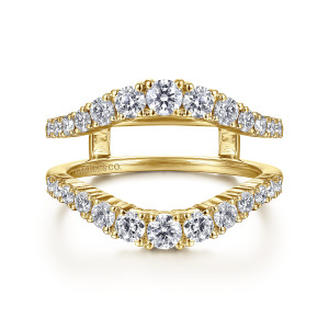 Gabriel & Co. AN14750M-Y44JJ 14 karat yellow gold Contemporary ring enhancer, top view of the two mirrored arcs of graduated diamonds joined by bridges at each side