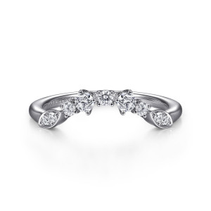 Gabriel & Co. AN15095W44JJ 14 karat white gold Starlight anniversary band, front view of a curved band with an arch of round stones and leaf shaped end plates