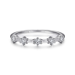 Gabriel & Co. AN15099W44JJ 14 karat white gold Starlight anniversary band, front view of round diamonds in prong heads joined by short flat bars