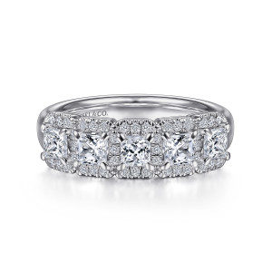 Gabriel & Co. AN15126W44JJ 14 karat white gold Contemporary anniversary band, front view of square diamonds in corner prongs, each ringed by a border of tiny stones
