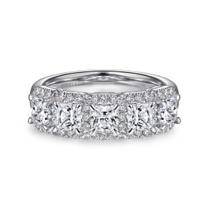 Gabriel & Co. AN15130W44JJ 14 karat white gold Contemporary anniversary band, front view of large square diamonds linked by frames of tiny round stones