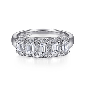 Gabriel & Co. AN15134W44JJ 14 karat white gold Contemporary anniversary band, front view of rectangular stones, each ringed by tiny round diamonds and held by corner prongs