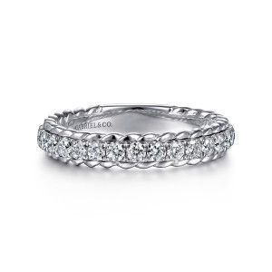 Gabriel & Co. AN15280W44JJ 14 karat white gold Contemporary band, front view of round diamonds in a single line with a twisted rope edge above and below