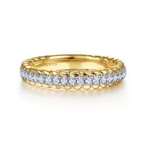 Gabriel & Co. AN15281M44JJ 14 karat white and yellow gold Hampton band, front view of the straight band with rope twisted edges framing one row of round diamonds