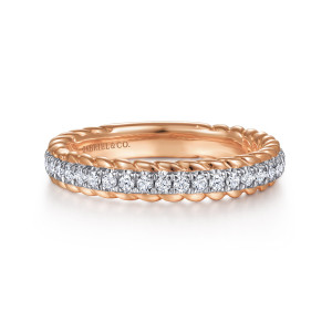 Gabriel & Co. AN15281T44JJ 14 karat white and rose gold Contemporary band, front view of a straight band with rope-twisted edges framing a single line of round stones