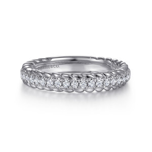 Gabriel & Co. AN15281W44JJ 14 karat white gold Contemporary anniversary band, front view of a row of small round diamonds between twisted rope edges