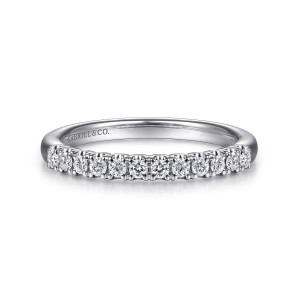 Gabriel & Co. AN15282W44JJ 14 karat white gold Contemporary wedding band, front view of the row of small round stones with a maker's mark showing inside