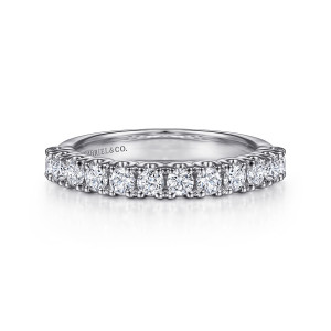 Gabriel & Co. AN15284W44JJ 14 karat white gold Contemporary wedding band, front view of small round stones with beaded prong tips along both edges of the row