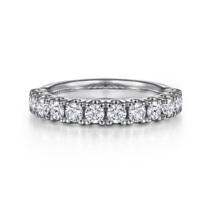 Gabriel & Co. AN15285W44JJ 14 karat white gold Contemporary wedding band, front view of snug round stones with the polished inside curve behind them