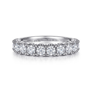 Gabriel & Co. AN15286W44JJ 14 karat white gold Contemporary wedding band, front view of round stones side by side with beaded prong tips along both edges