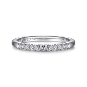 Gabriel & Co. AN15287W44JJ 14 karat white gold Contemporary wedding band, front view of a single line of small round stones above a smooth rounded edge