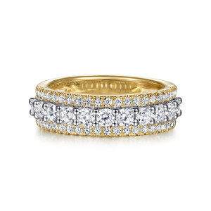 Gabriel & Co. AN15289M44JJ 14 karat white and yellow gold Contemporary anniversary band, front view of a middle row of larger stones standing above two small stone edges