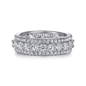 Gabriel & Co. AN15289W44JJ 14 karat white gold Contemporary anniversary band, front view of larger round stones in ball tipped prongs between lines of tiny stones
