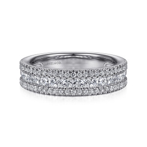 Gabriel & Co. AN15290W44JJ 14 karat white gold Contemporary anniversary band, front view of a strip of square diamonds bordered by lines of tiny round stones