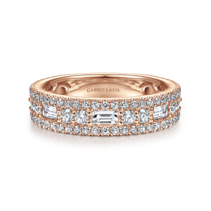Gabriel & Co. AN15294K44JJ 14 karat rose gold Contemporary anniversary band, front view of the band tilted forward, showing a maker's mark inside above three rows of stones