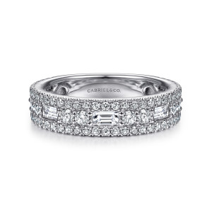 Gabriel & Co. AN15294W44JJ 14 karat white gold Contemporary anniversary band, front view of three rows with baguettes and round pairs alternating down the middle
