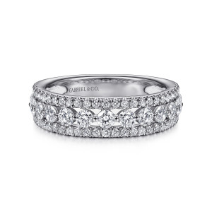 Gabriel & Co. AN15297W44JJ 14 karat white gold Contemporary anniversary band, front view of larger round stones down the middle between two fine lines of small stones