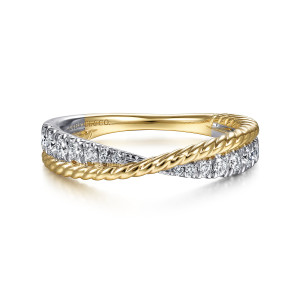 Gabriel & Co. AN15299M44JJ 14 karat white and yellow gold Hampton band, front view of the rope strand crossing diagonally over two groups of small round diamonds