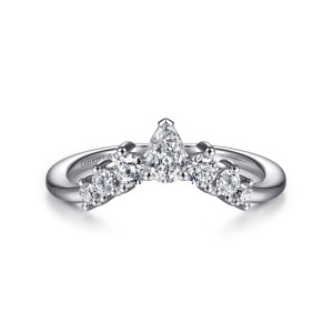 Gabriel & Co. AN15303W44JJ 14 karat white gold Starlight anniversary band, front view of a pear-shaped diamond at the peak with round diamonds stepping down each side