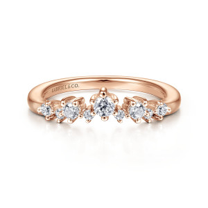 Gabriel & Co. AN15305K44JJ 14 karat rose gold Starlight anniversary band, front view of a peaked arch of round stones with tiny stones between