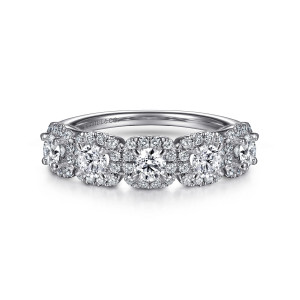Gabriel & Co. AN15307W44JJ 14 karat white gold Contemporary anniversary band, front view of linked cushion shaped halos, each framing a larger round diamond in four prongs