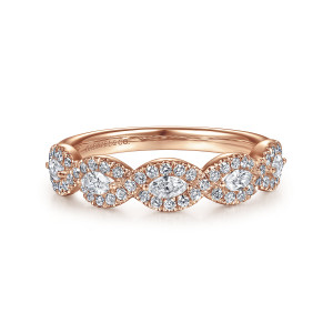 Gabriel & Co. AN15312K44JJ 14 karat rose gold Contemporary anniversary band, front view of marquise diamonds each ringed by tiny round stones in overlapping links