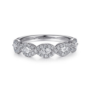 Gabriel & Co. AN15312W44JJ 14 karat white gold Contemporary anniversary band, front view of pointed oval clusters with slender marquise stones inside rings of small round stones