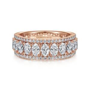 Gabriel & Co. AN15317K44JJ 14 karat rose gold Contemporary anniversary band, front view of the elongated stone line framed by tiny stones along each edge