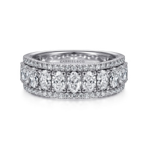 Gabriel & Co. AN15317W44JJ 14 karat white gold Contemporary anniversary band, front view of elongated stones in prongs between two borders of small round stones