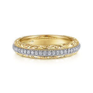Gabriel & Co. AN15318M44JJ 14 karat white and yellow gold Victorian band, front view of a single row of small round stones between milgrain edges and scroll engraving