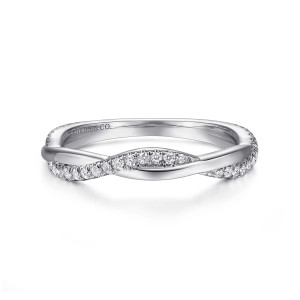 Gabriel & Co. AN15366W44JJ 14 karat white gold Contemporary anniversary band, front view of the polished strand crossing over a strand of small round stones