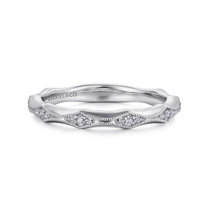 Gabriel & Co. AN15369W44JJ 14 karat white gold Victorian anniversary band, front view of the rippled outline with lozenge frames and a maker's mark inside