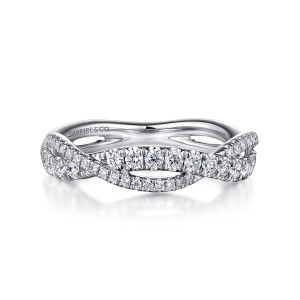 Gabriel & Co. AN15370W44JJ 14 karat white gold Contemporary anniversary band, front view of two crossing strands of diamonds around an open oval, with a maker's mark inside