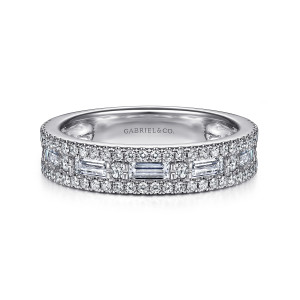 Gabriel & Co. AN15463W44JJ 14 karat white gold Art Deco anniversary band, front view of lengthwise baguettes alternating with small rounds between two lines of fine stones