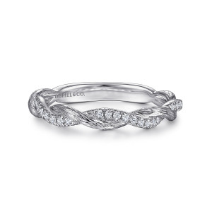 Gabriel & Co. AN15464W44JJ 14 karat white gold Contemporary anniversary band, front view of a twisted band with a diamond strand crossing a brushed strand