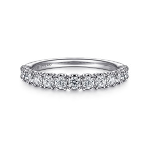 Gabriel & Co. AN15466W44JJ 14 karat white gold Contemporary anniversary band, front view of round diamonds in scalloped shared prongs along a rounded band