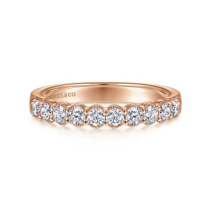 Gabriel & Co. AN15472K44JJ 14 karat rose gold Victorian anniversary band, front view of round stones in beaded scalloped collars across the top of the band