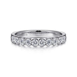Gabriel & Co. AN15472W44JJ 14 karat white gold Victorian anniversary band, front view of a straight band with round diamonds each in a beaded collar