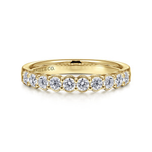 Gabriel & Co. AN15472Y44JJ 14 karat yellow gold Victorian anniversary band, front view of a level row of round stones with scalloped milgrain collars