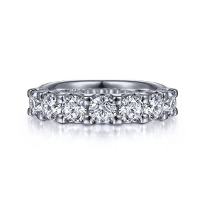 Gabriel & Co. AN15513W44JJ 14 karat white gold Contemporary anniversary band, front view of large round stones separated by blocky square prongs along the top