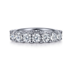 Gabriel & Co. AN15516W44JJ 14 karat white gold Contemporary anniversary band, front view of large round diamonds touching in a line with rounded prong tips between them