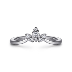 Gabriel & Co. AN15552W44JJ 14 karat white gold Floral Nouveau anniversary band, front view of three leaf shaped clusters rising from a V shaped hoop