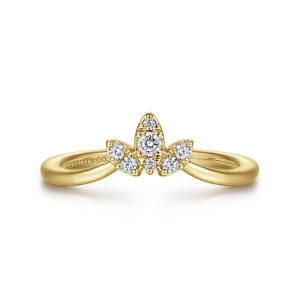 Gabriel & Co. AN15552Y44JJ 14 karat yellow gold Floral Nouveau anniversary band, front view of three petal shaped stone sections rising from a shallow V hoop