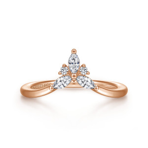 Gabriel & Co. AN15554K44JJ 14 karat rose gold Floral Nouveau anniversary band, front view of the crown shaped cluster with an upright pointed stone above two tiny round ones