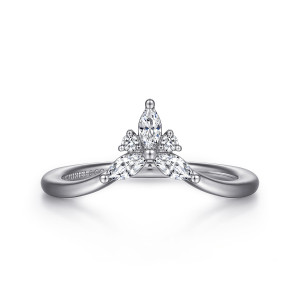 Gabriel & Co. AN15554W44JJ 14 karat white gold Floral Nouveau anniversary band, front view of a band rising to a peak holding pointed oval and tiny round stones in prongs