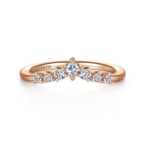 Gabriel & Co. AN15557K44JJ 14 karat rose gold Contemporary anniversary band, front view of a shallow V with a square stone at the peak and round stones beside it