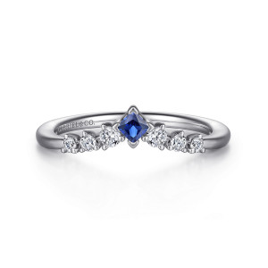 Gabriel & Co. AN15557W44SA 14 karat white gold Contemporary anniversary band, front view of a square blue stone on point flanked by small round stones on each side
