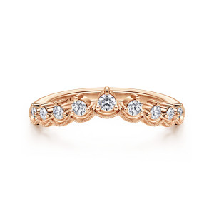 Gabriel & Co. AN15560K44JJ 14 karat rose gold Victorian anniversary band, front view of a pointed crown shaped band with round diamonds above scalloped milgrain