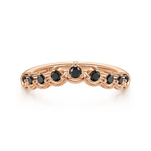 Gabriel & Co. AN15560K4JBD 14 karat rose gold Victorian anniversary band, front view of black round stones rising to a central peak over scalloped beaded edging