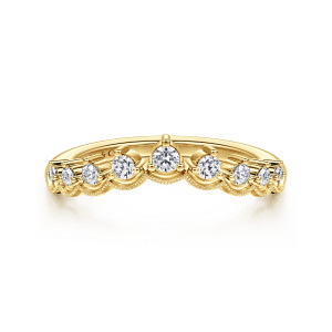Gabriel & Co. AN15560Y44JJ 14 karat yellow gold Victorian anniversary band, front view of the arched crown line with beaded scallops under each round stone